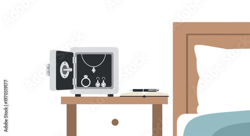 An open grey safe containing jewelry rests on a wooden nightstand next to a bed, with a notebook and pen also present.