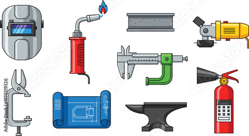 Welding and Workshop Tools Icon Set Featuring Helmet, Welding Torch, Caliper, Fire Extinguisher, and Anvil