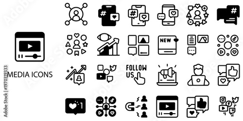Media simple concept 24 Black and White color icons set .Vector illustration.