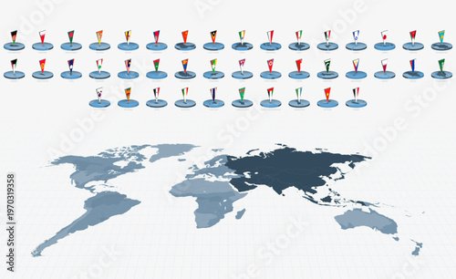 3D Pin Flags of Asian Countries on a World Map with Asia highlighted in dark gray.