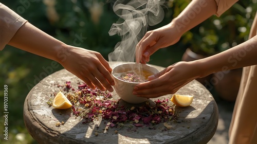 Wellness Tea Ritual: Delicate hands gently prepare a fragrant herbal tea ceremony amidst a serene garden setting, promoting wellness and tranquility. 