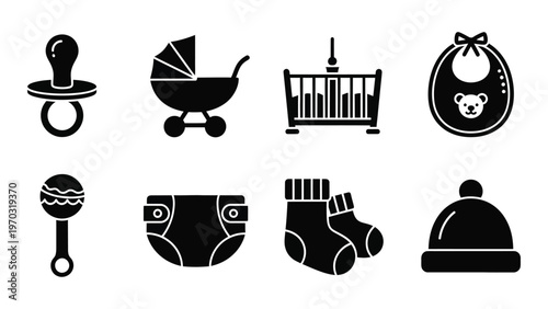 A collection of black silhouette icons depicting various baby essentials and items for infant care high quality professional detailed modern elegant