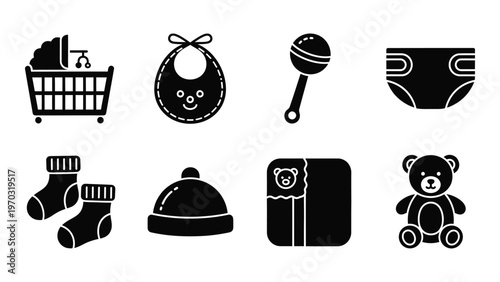 A collection of black silhouette icons depicting essential baby items including a basket bib rattle and diaper high quality professional detailed