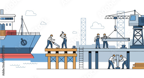 A minimal flat vector illustration of dock workers performing repairs on harbor structures and machinery, featuring simple industrial shapes, a modern flat design, and a white background.