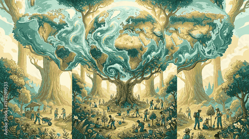 Triptych illustration of earth emerging from tree with people in forest landscape