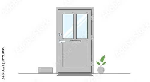 A modern gray front door with glass panels, a mail slot, and a potted plant stands on a white background.