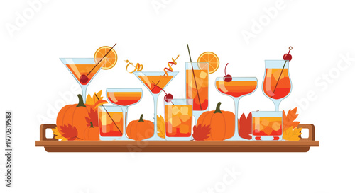 Eight orange cocktails in various glasses are arranged on a wooden tray with five pumpkins and autumn leaves.