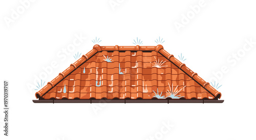 A gabled roof with reddish-brown clay tiles shows stylized blue water splashes on its surface.