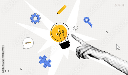 Trendy Halftone Collage Hand with lightbulb. Creative mind, brainstorm or innovation. Create creative idea concept. Business solutions. Think outside box. Contemporary vector illustration art