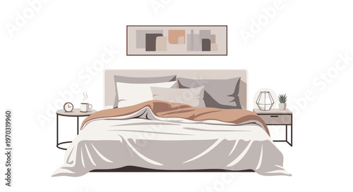 A bedroom scene illustrates a made bed with a peach duvet, two bedside tables, and an abstract artwork above the headboard.