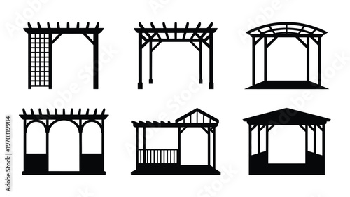 Pergola design collection, black and white vector set of six outdoor garden structures for landscaping projects, architectural plans, exterior decoration, patio design, and construction illustration c