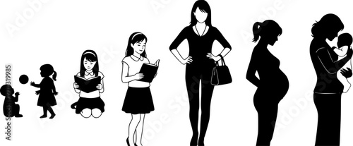 The life cycle of a woman from baby to mother silhouette set collection vector illustration infographic.
