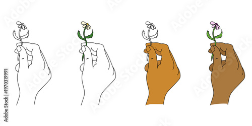 Vector illustration set of a hand holding a small flower, presented in four styles, A conceptual graphic representing nature, care, hope, and diversity