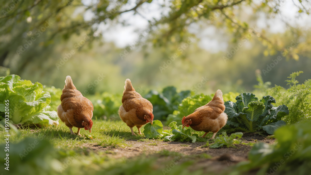 Fototapeta premium Chickens foraging in garden