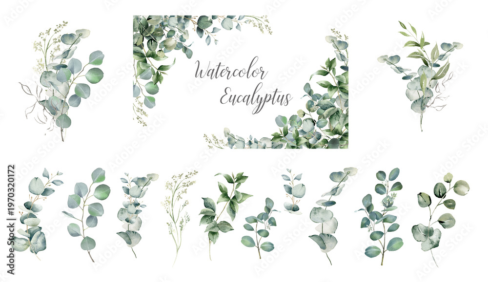 Fototapeta premium Eucalyptus leaves corner border. Watercolor illustration isolated on white. Greenery clipart for wedding invitation, greeting cards, save the date, stationery design. Hand drawn green herbs