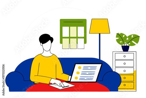 Man sits on sofa working on laptop. Personal finance, budgeting, home office, online learning, freelancer concept. Vector illustration