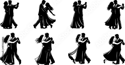 Silhouettes of romantic couple isolated on white background collection set. Happy couple dancing together vector silhouette set.
