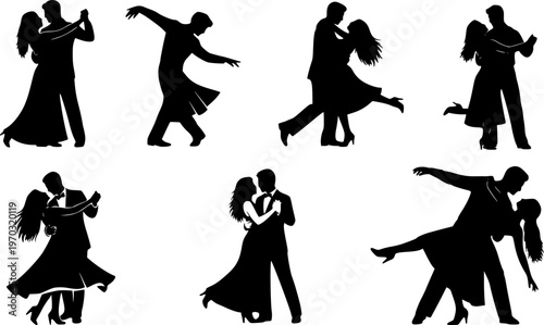 Silhouettes of romantic couple isolated on white background collection set. Happy couple dancing together vector silhouette set.
