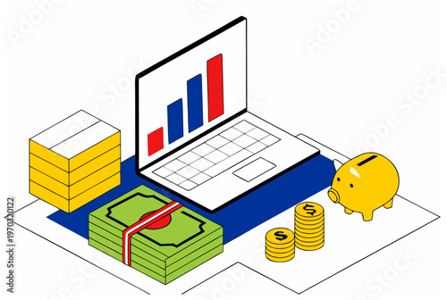 Blue and white isometric illustration of laptop with bar chart, money, coins, yellow piggy bank, and boxes. Personal finance management, household budgeting vector illustration