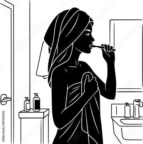 Young woman in towel brush her teeth getting ready for work in the morning side view vector silhouette isolated on white background.
