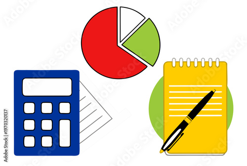 Financial planning concept vector illustration with calculator, pie chart, notebook and pen for managing personal finance and household budget