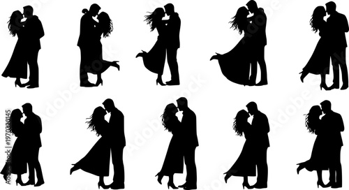 Silhouettes of romantic couple isolated on white background collection set. Happy couple dancing together vector silhouette set.
