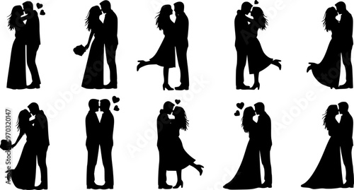 Silhouettes of romantic couple isolated on white background collection set. Happy couple dancing together vector silhouette set.
