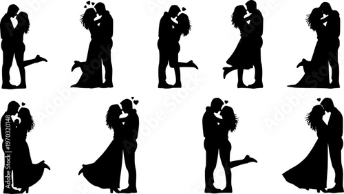 Silhouettes of romantic couple isolated on white background collection set. Happy couple dancing together vector silhouette set.

