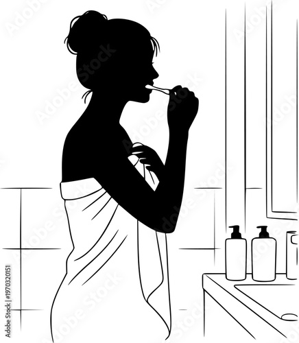 Young woman in towel brush her teeth getting ready for work in the morning side view vector silhouette isolated on white background.
