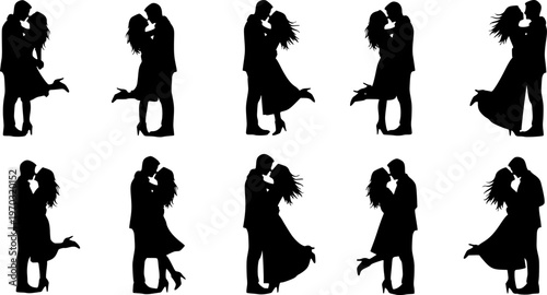 Silhouettes of romantic couple isolated on white background collection set. Happy couple dancing together vector silhouette set.
