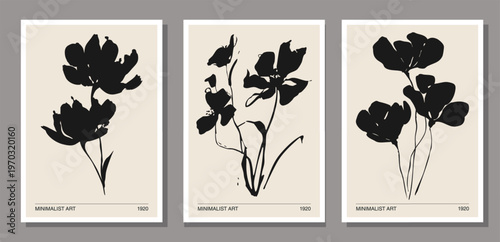 Set of minimalist poster with abstract art leaf composition in trendy contemporary collage style