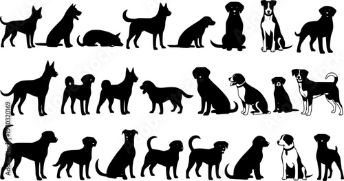 Group of dogs various poses vector silhouettes collection.
