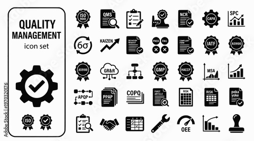 Quality Management Supply Chain Bold Line Icons-ISO9001 CAPA SPC Six Sigma DMAIC Kaizen IATF AS9100 GMP HACCP APQP PPAP COPQ-25 Quality Management Icon Set Vector