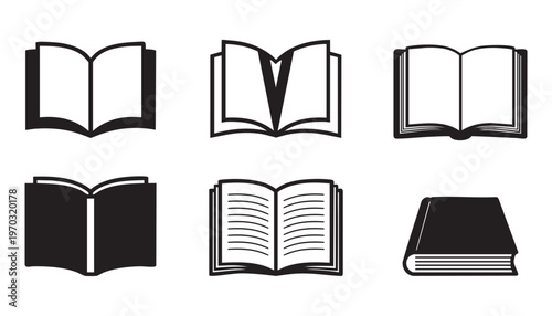A set of open and closed books with pages and covers in a simple educational illustration style.
