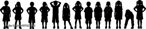 Group of children various poses standing in row vector silhouette set.
