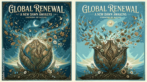 Global renewal concept with blooming flower and roots in space at night and day