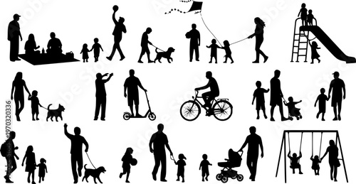 Group people adult seniors and kids outdoor activities vector silhouette set. Family recreation friends children having fun outdoor in park silhouettes