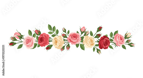 A horizontal floral border features pink, red, and yellow roses with green leaves and buds on a white background.