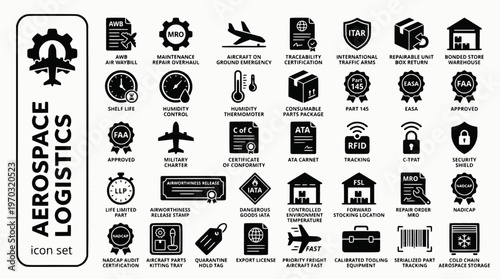 Aerospace Defense Logistics Bold Line Icons-MRO AOG ITAR EASA FAA ATA Carnet LLP NADCAP Part145 Serialization Airworthiness FSL-25 Aerospace Logistics Icon Set Vector