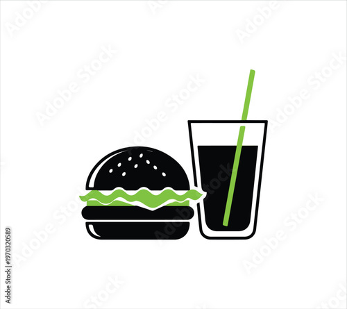 Black burger and glass of soda with green straw icons