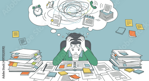 Illustration of a stressed woman sitting at a desk surrounded by stacks of paperwork with a chaotic thought bubble above her head.