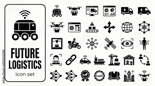 Future Logistics Emerging Trends Bold Line Icons-Autonomous Drone Hyperloop Platoon Air Taxi Physical Internet Quantum LaaS Space Metaverse-25 Future Logistics Icon Set Vector 