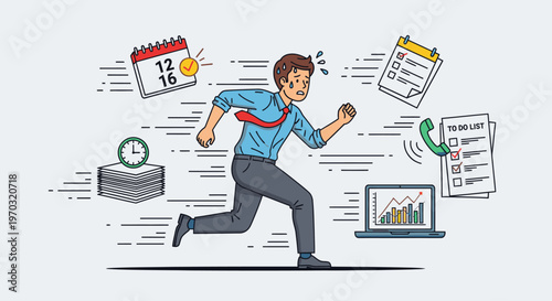 Illustration of a busy businessman running with office supplies and paperwork in a dynamic, cartoon-style composition.