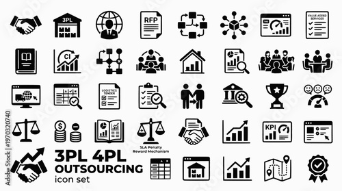 3PL 4PL Logistics Outsourcing Bold Line Icons-RFP SLA DCL VAS Open Book Gain Share TUPE 5PL Innovation Tender Due Diligence Maturity-25 3PL 4PL Icon Set Vector