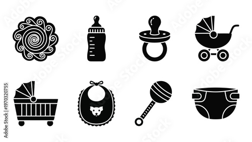 A collection of black silhouette icons representing various baby essentials and items for childcare and infancy high quality professional detailed modern