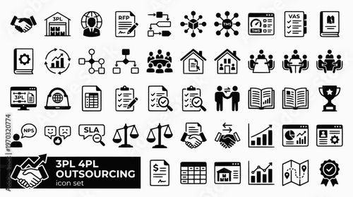 3PL 4PL Logistics Outsourcing Bold Line Icons-RFP SLA DCL VAS Open Book Gain Share TUPE 5PL Innovation Tender Due Diligence Maturity-25 3PL 4PL Icon Set Vector