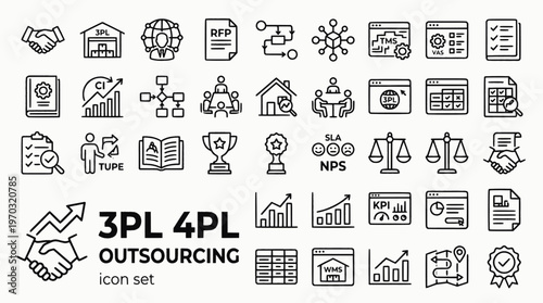 3PL 4PL Logistics Outsourcing Bold Line Icons-RFP SLA DCL VAS Open Book Gain Share TUPE 5PL Innovation Tender Due Diligence Maturity-25 3PL 4PL Icon Set Vector