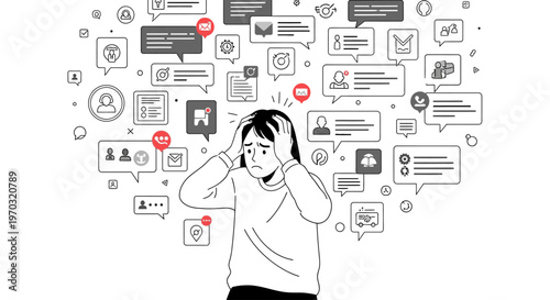 Illustration of a stressed young woman wearing headphones with various social media icons and notifications surrounding her head on a white background.
