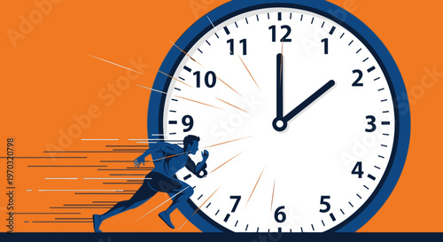 Silhouette of a person running quickly behind a large analog clock with a motion blur effect on an orange background.