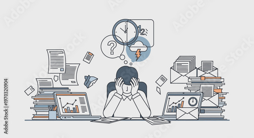 An overwhelmed office worker sits at a cluttered desk surrounded by stacks of papers and multiple computer screens with a stressed expression.